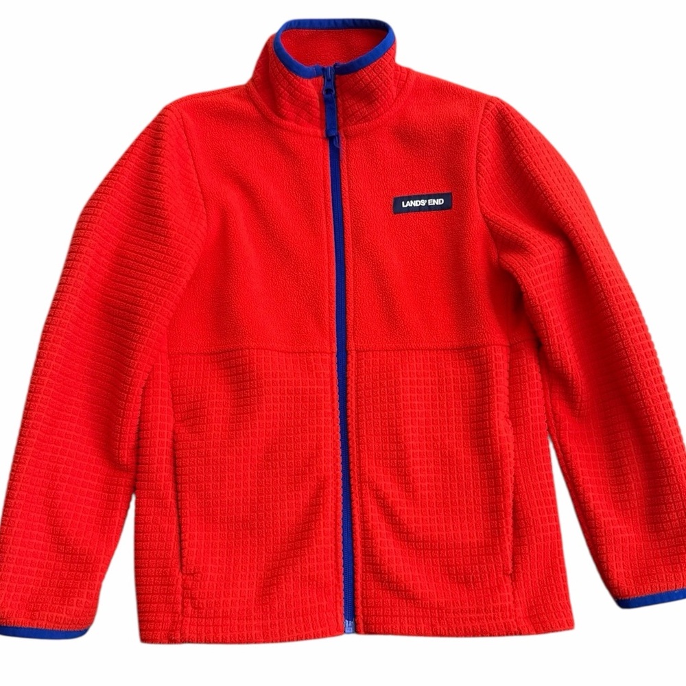 Lands’ End Kids Fleece Jacket Size‎ 8 Red Full Zip Waffle Knit NWOT
